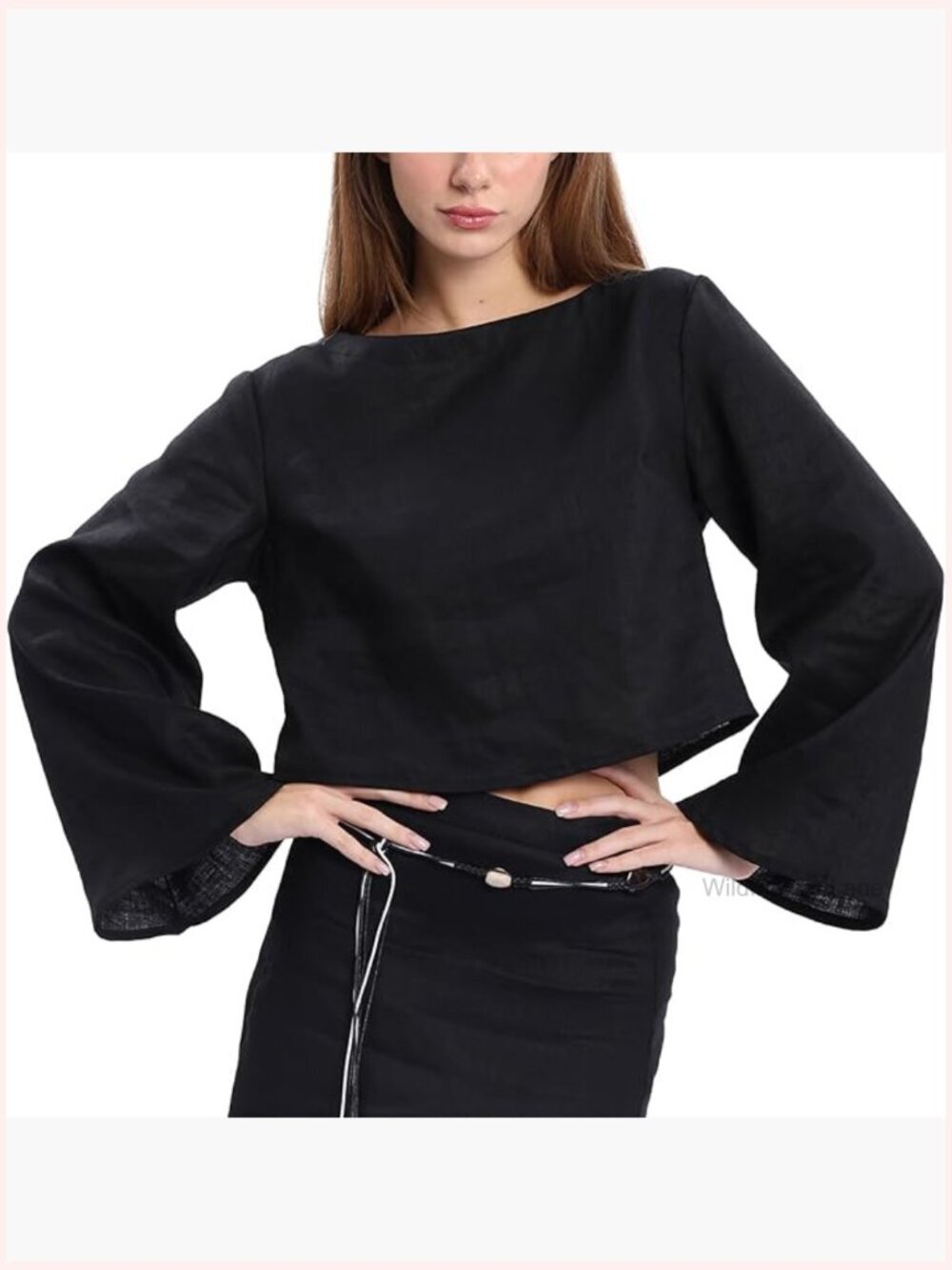 100% Linen Crop Top Long Sleeve High Boat Neck Casual Blouse